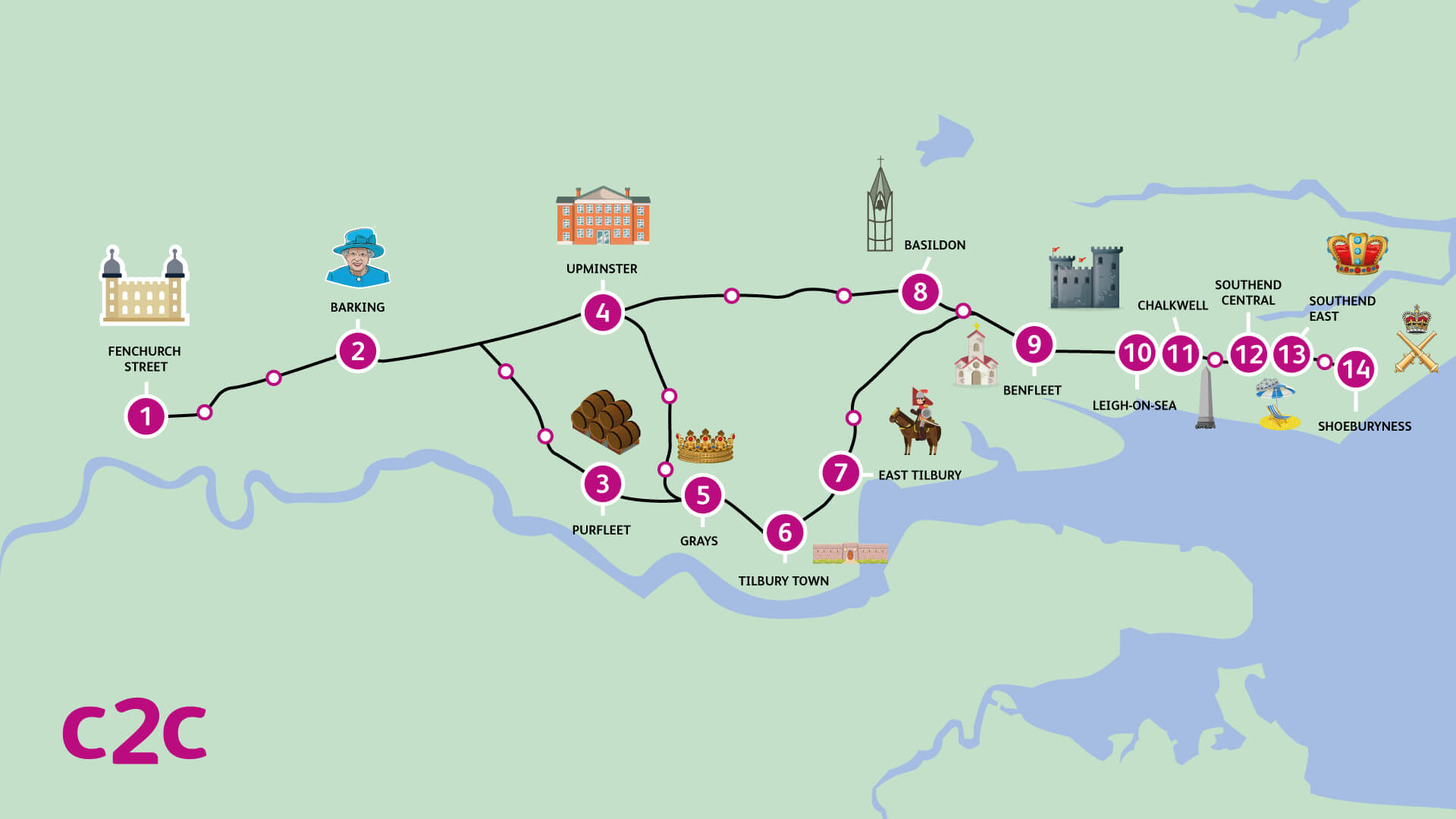 c2c's Royal Route Map for the Queen's Platinum Jubilee Trains to/from