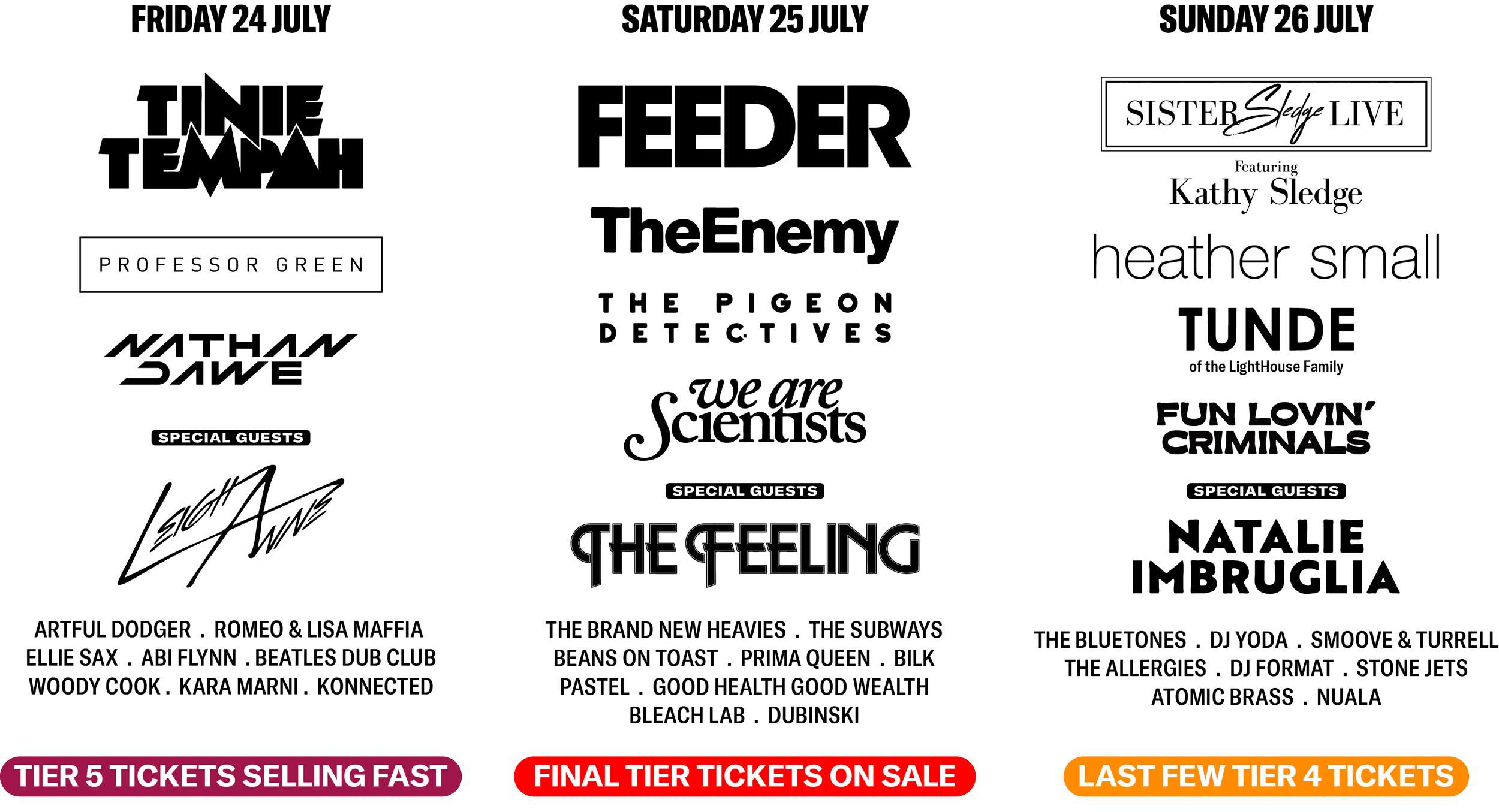 LazyDays 2026 lineup - Friday 24 July: Tinie Tempah, Professor Green, Nathan Dave, Leigh Wine. Saturday 25 July: Feeder, TheEnemy, The Pigeon Detectives, We are Scientists, The Feeling. Sunday 26 July: Sister Sledge Live, Heather Small, Tunde of the Lighthouse Family, Fun Lovin' Criminals, Natalie Imbruglia